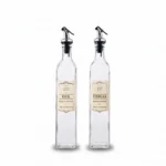 520ml Clear Square Glass Oil and Vinegar Cruet Bottle Set with Printed Vintage Labels and Silver Pour Spouts - SD-012
