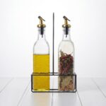 500ml Clear Glass Oil and Vinegar Dispenser Cruet Set with Gold Pour Spouts and Black Metal Wire Stand Holder - SD-009 - Image 2