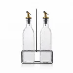 500ml Clear Glass Oil and Vinegar Dispenser Cruet Set with Gold Pour Spouts and Black Metal Wire Stand Holder - SD-009