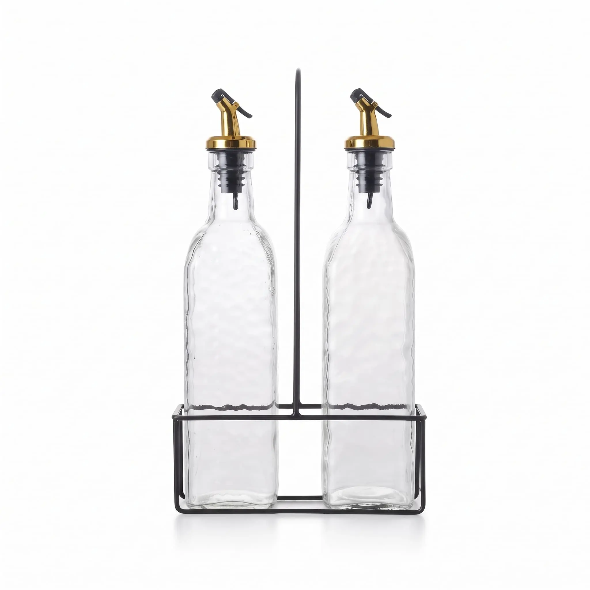 Oil-Vinegar-Dispenser-Set-2pcs-500ml_Kitchenware_12043_3.webp 500ml Clear Glass Oil and Vinegar Dispenser Cruet Set with Gold Pour Spouts and Black Metal Wire Stand Holder - SD-009 - Image 1