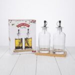 300ml Clear Glass Oil and Vinegar Cruet Bottle Set with Stainless Steel Pour Spouts and Natural Wood Tray Stand - 1900-80 - Image 3