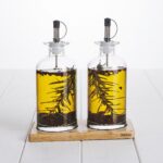 300ml Clear Glass Oil and Vinegar Cruet Bottle Set with Stainless Steel Pour Spouts and Natural Wood Tray Stand - 1900-80 - Image 2