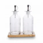 300ml Clear Glass Oil and Vinegar Cruet Bottle Set with Stainless Steel Pour Spouts and Natural Wood Tray Stand - 1900-80