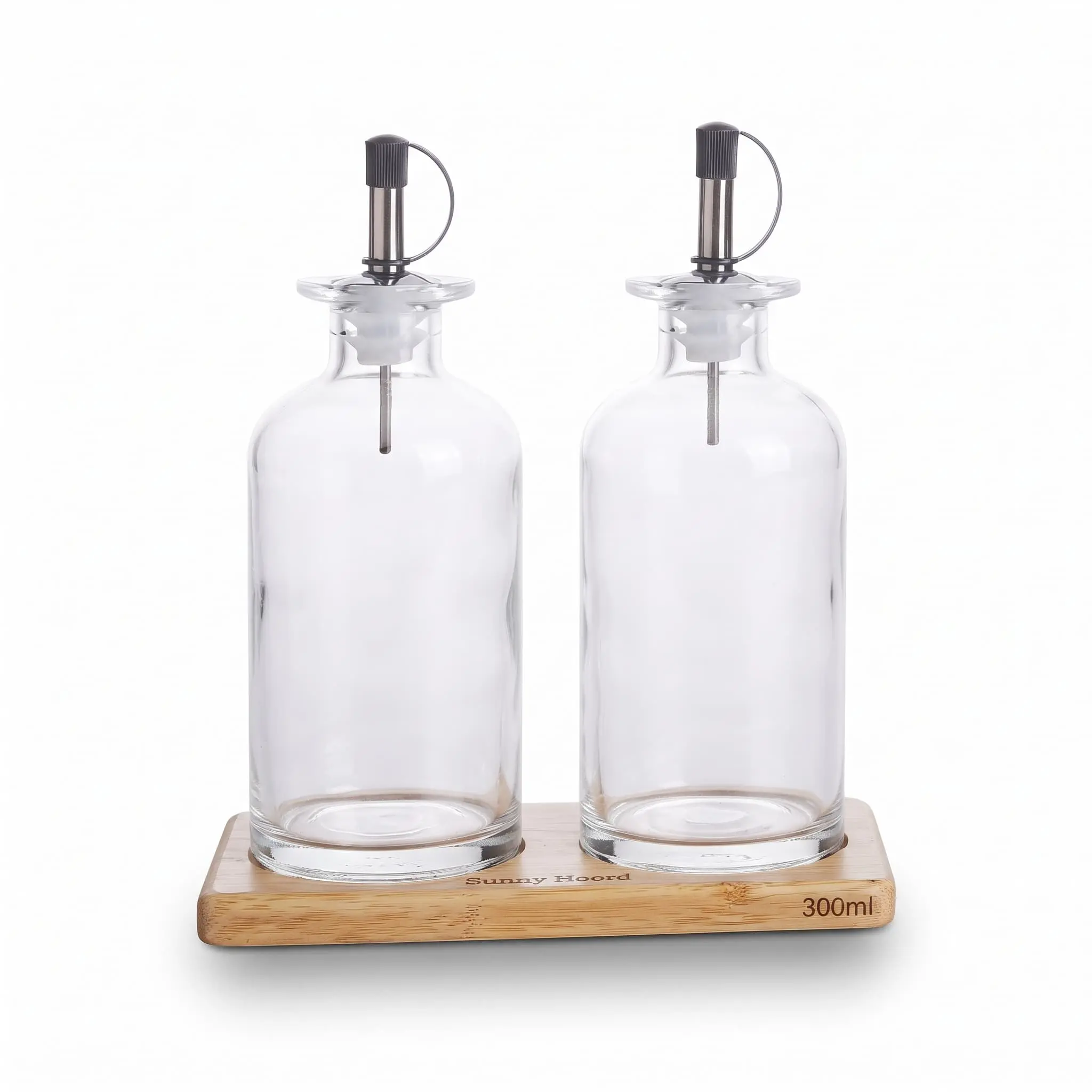 Oil-Vinegar-Glass-Bottle-Stand-Set-3pcs-300ml_Kitchenware_12033_3.webp 300ml Clear Glass Oil and Vinegar Cruet Bottle Set with Stainless Steel Pour Spouts and Natural Wood Tray Stand - 1900-80 - Image 1