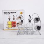 5-Piece Oil Vinegar and Salt Pepper Dispenser Set with Clear Glass Bottles and Chrome Wire Stand Holder - SD-004 - Image 3