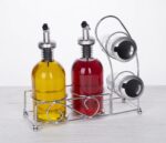 5-Piece Oil Vinegar and Salt Pepper Dispenser Set with Clear Glass Bottles and Chrome Wire Stand Holder - SD-004 - Image 2