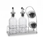 5-Piece Oil Vinegar and Salt Pepper Dispenser Set with Clear Glass Bottles and Chrome Wire Stand Holder - SD-004