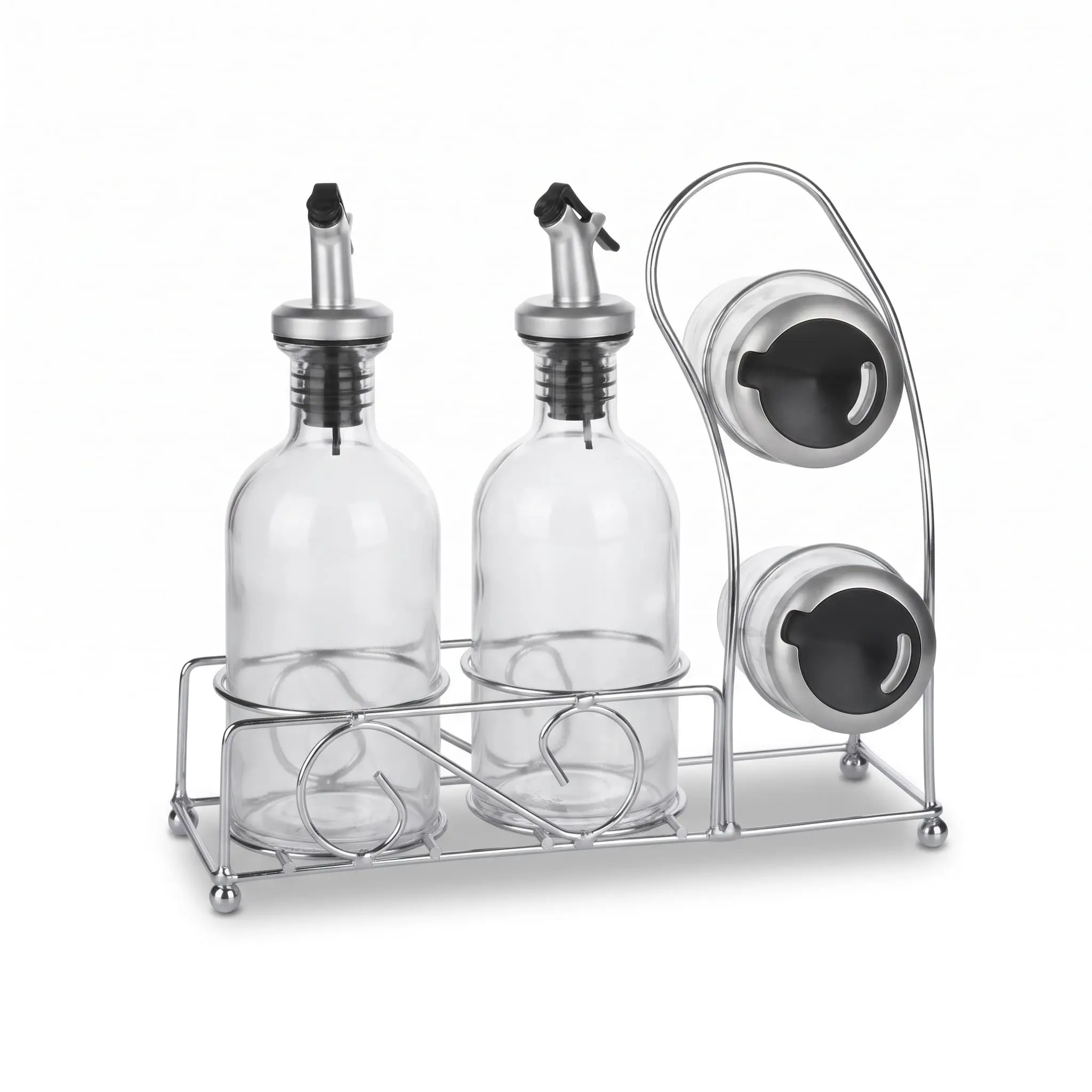 Oil-Vinegar-Salt-Pepper-Dispenser-Holder-5pcs-6.313.5cmH260ml-511cmH80ml-_Kitchenware_12042_3.webp 5-Piece Oil Vinegar and Salt Pepper Dispenser Set with Clear Glass Bottles and Chrome Wire Stand Holder - SD-004 - Image 1