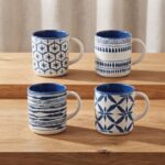 Blue and White Indigo Shibori Geometric Pattern Porcelain Coffee Mug with Contrasting Fully Colored Blue Interior - T01-10 - Image 2