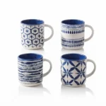 Blue and White Indigo Shibori Geometric Pattern Porcelain Coffee Mug with Contrasting Fully Colored Blue Interior - T01-10
