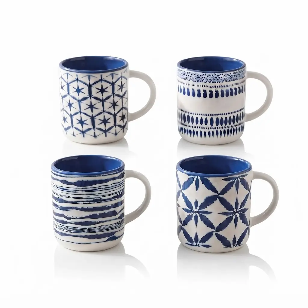 Porcelain-Mug-450ml_Kitchenware_11648_3.webp Blue and White Indigo Shibori Geometric Pattern Porcelain Coffee Mug with Contrasting Fully Colored Blue Interior - T01-10 - Image 1