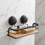 Danny Home Rectangular Bamboo & Matte Black Suction Shower Shelf (25x12cm) | SKU: ZYB111 - Image 2