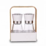 Manual Salt and Pepper Spice Grinder Mill Set with Glass Bottles and Wooden Carrying Rack Holder - SG002-1