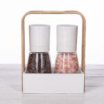 Manual Salt and Pepper Grinder Mill Set with Clear Glass Bottles and Wooden Carrying Rack Holder - SG003-1 - Image 2