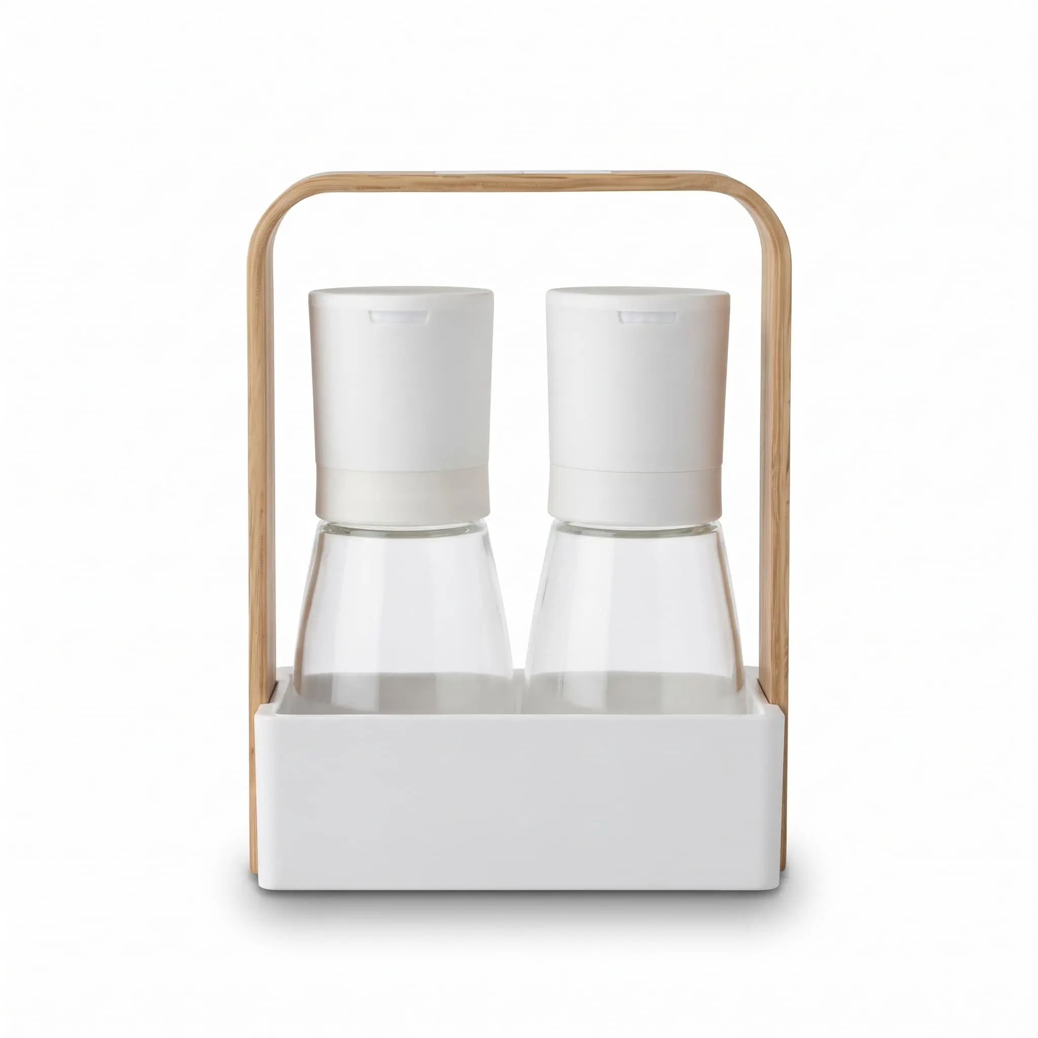 Salt-Pepper-Grinder-Rack-Holder-15.97.620cm_Kitchenware_14971_3.webp Manual Salt and Pepper Grinder Mill Set with Clear Glass Bottles and Wooden Carrying Rack Holder - SG003-1 - Image 1