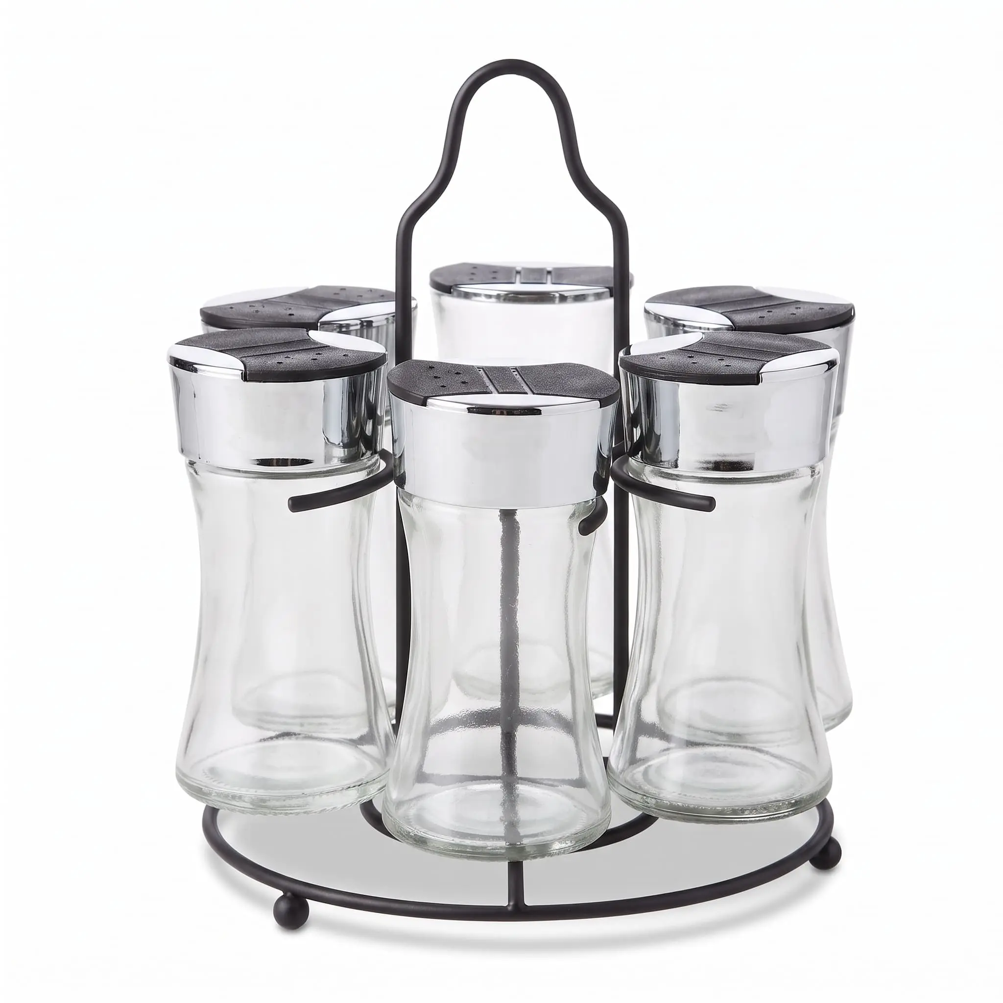Seasoning-Bottle-Set-with-Stand-6pcs60ml-59.6cm_Kitchenware_12041_3.webp 6-Bottle Revolving Countertop Spice Rack Carousel with Contoured Glass Jars and Metal Loop Handle Stand - 1900-46 - Image 1