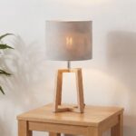 Modern Wooden Tripod Table Lamp (Grey & Khaki) | Boho Bedside & Nightstand Light - 44.5cm - Image 2