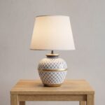 Danny Home TL-044 Bedside Light | Blue & White Lattice Porcelain Urn Lamp with Gold Accents – ~22x22x32cm - Image 2