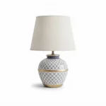 Danny Home TL-044 Bedside Light | Blue & White Lattice Porcelain Urn Lamp with Gold Accents – ~22x22x32cm