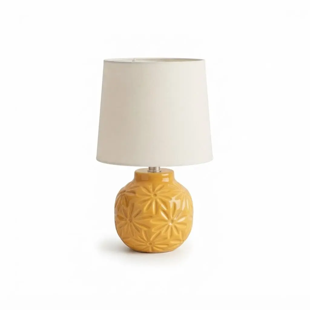 Side-Table-lamp_Furniture-Lighting_11772_3.webp Danny Home TL-057-01 Bedside Lamp | Yellow Embossed Floral Ceramic Accent Light – ~20x20x33cm - Image 1