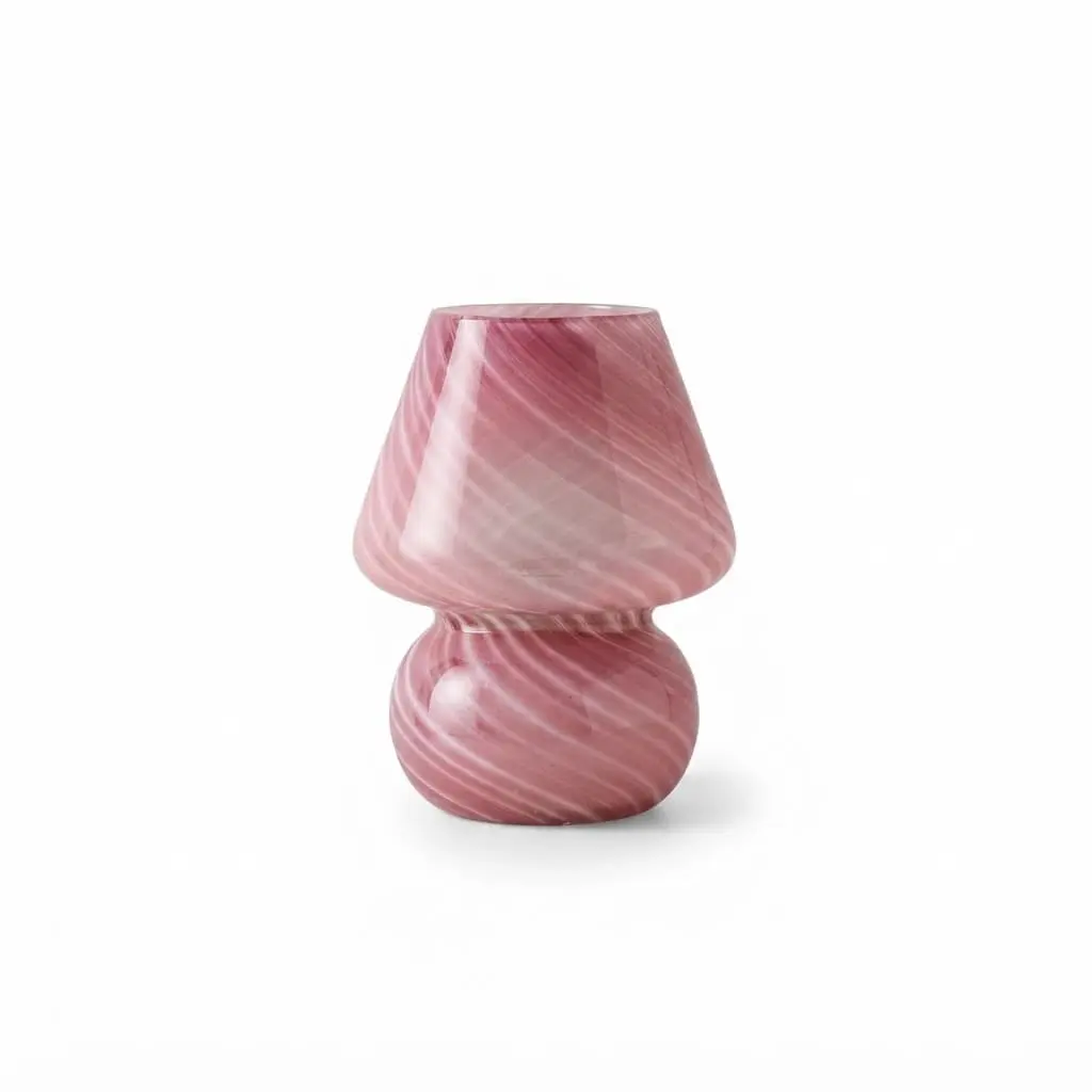 Side-Table-lamp_Furniture-Lighting_15017_3.webp Danny Home Red Striped Mushroom Table Lamp | Retro Glass Nightstand Light (15x15x18cm) - Image 1