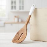 Premium 30.5cm Beechwood Slotted Serving Spoon – Non-Stick Kitchen Basting Ladle with White Ceramic Handle Grip (Model DH3678-WHITE) - Image 2