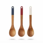 Premium 33cm Acacia Wood Solid Serving Spoon – Heavy-Duty Non-Stick Stirring Ladle with Tri-Color Handle Accents (Model DH3880-RBW)
