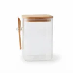 1100ml Square Borosilicate Glass Storage Canister – Eco-Friendly Pantry Organizer Jar with Airtight Bamboo Lid and Wooden Spoon (1966-76S)