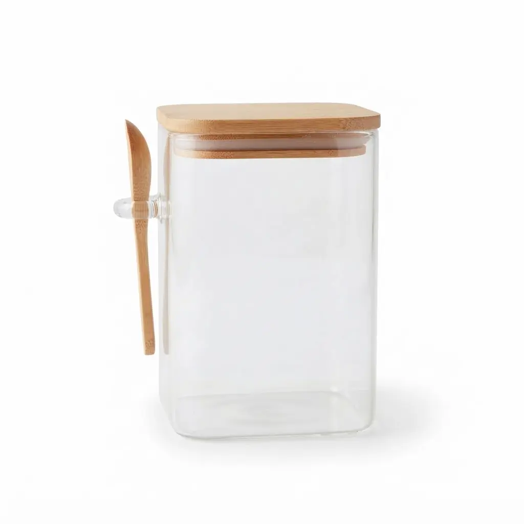 Storage-Jar-With-Bamboo-Lid-with-spoon-1100ml_Kitchenware_17579_3.webp 1100ml Square Borosilicate Glass Storage Canister – Eco-Friendly Pantry Organizer Jar with Airtight Bamboo Lid and Wooden Spoon (1966-76S) - Image 1