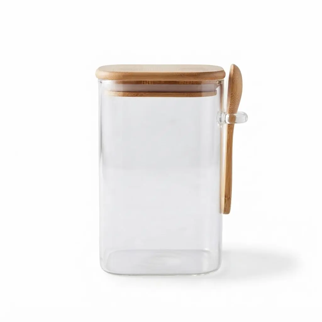 Storage-Jar-with-bamboo-lid-with-spoon-1400ml_Kitchenware_17578_3.webp 1400ml Square Borosilicate Glass Storage Canister – Eco-Friendly Pantry Organizer Jar with Airtight Bamboo Lid and Wooden Spoon (1966-75S) - Image 1