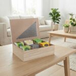 Geometric 6-Compartment Wooden Tea Box – Natural Storage Chest with Accent Mesh Triangle Lid (Model 7631-6) - Image 2