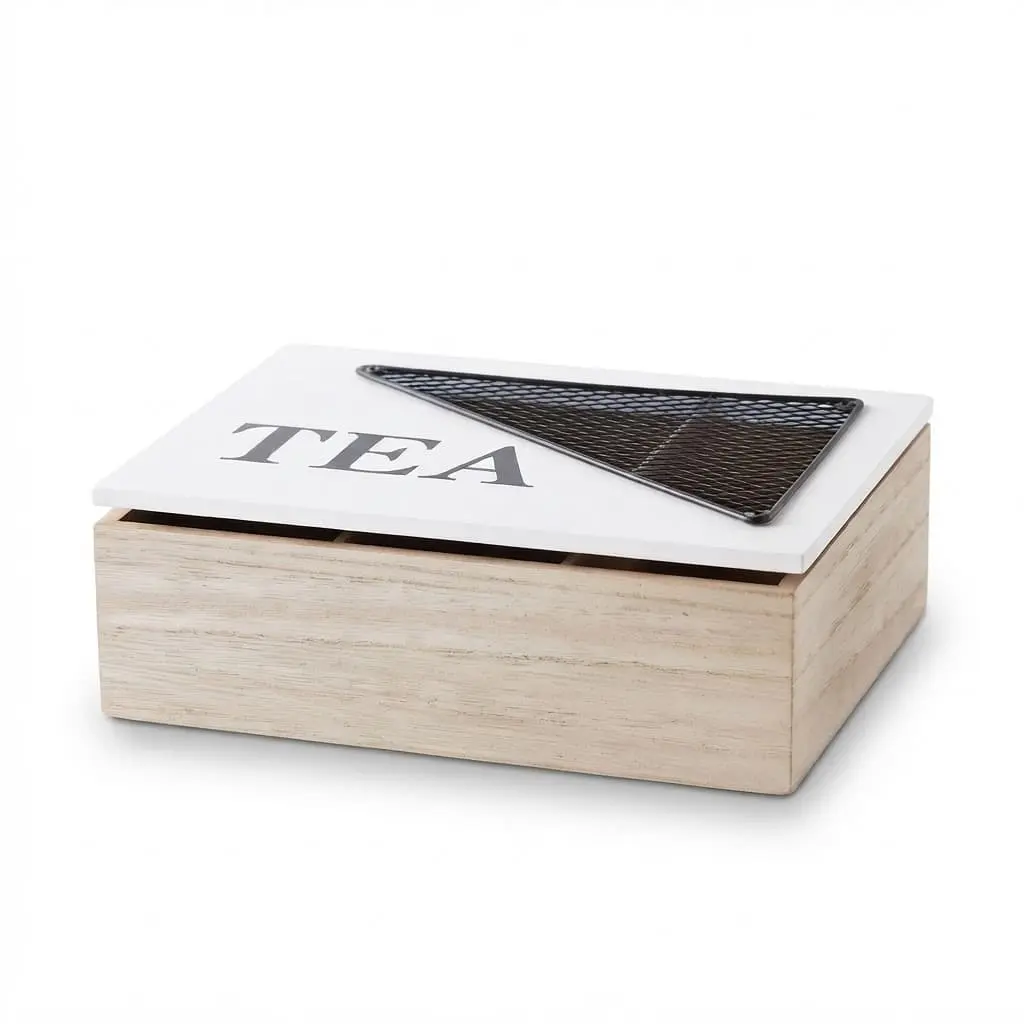Tea-box_Kitchenware_14387_3.webp Geometric 6-Compartment Wooden Tea Box – Natural Storage Chest with Accent Mesh Triangle Lid (Model 7631-6) - Image 1