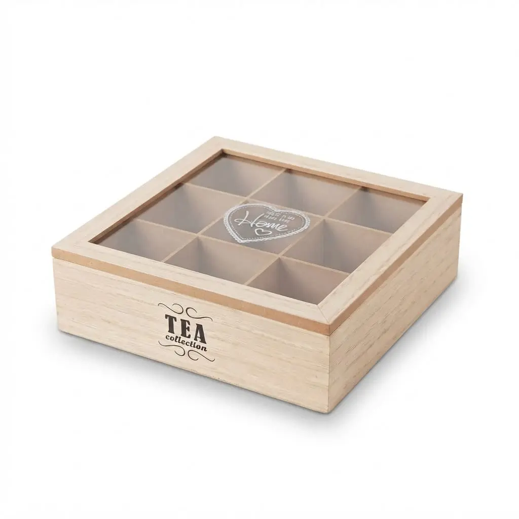Tea-box_Kitchenware_14388_3.webp Premium 9-Compartment Wooden Tea Box Organizer – Clear Glass View Lid Coffee & Herbal Bag Chest (Model 7631-7) - Image 1