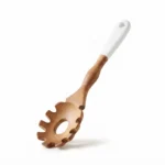 Premium 30.6cm Natural Beechwood Spaghetti Spoon – Heat-Resistant Non-Stick Pasta Server with White Ceramic Handle Accent (Model DH3677-WHITE)