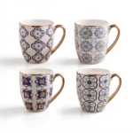 Moorish Tile Blue Geometric Pattern Ceramic Coffee Mug with Radiant Gold Rim Trim and Handle - SDM001-3466G